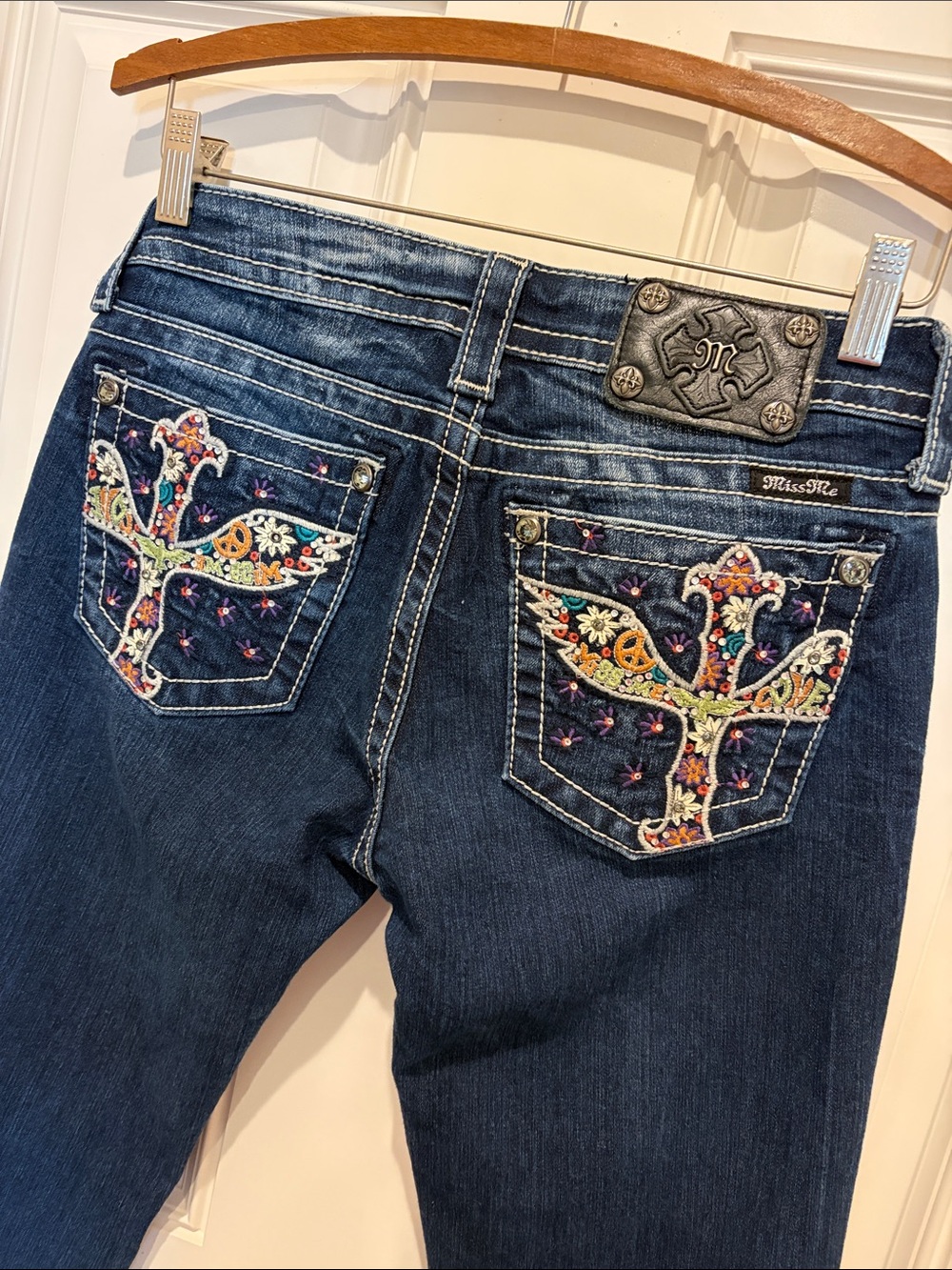 Miss Me Dark Blue Boot Cut Jeans with Colorful Embroidered Pockets